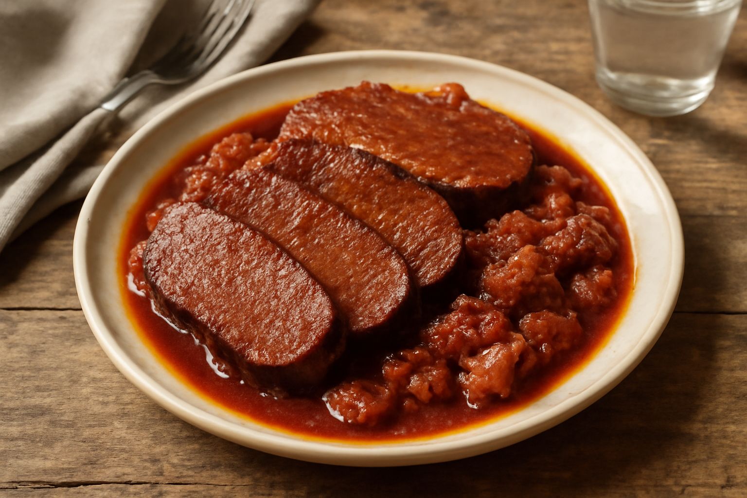 Un roast beef dorato a fette su un piatto bianco, bagnato da sugo marrone scuro, circondato da carote morbide e cipolla caramellata, rosmarino fresco di contorno