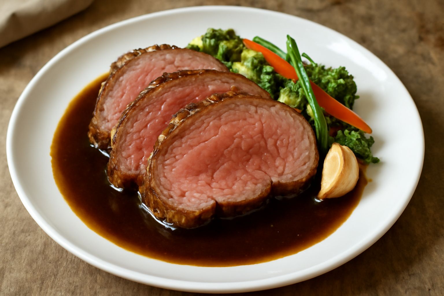 Roast beef affettato su un piatto bianco, con salsa marrone lucida attorno, fette rosate e trasparenti, contorno di verdure saltate e rametti di rosmarino