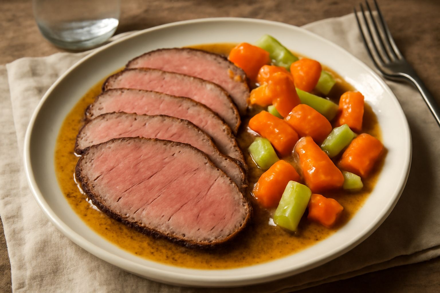 Un roast beef rosato affettato su un piatto bianco, circondato da verdure di contorno leggermente caramellate, con una salsa scura versata ai bordi e rosmarino fresco come decorazione