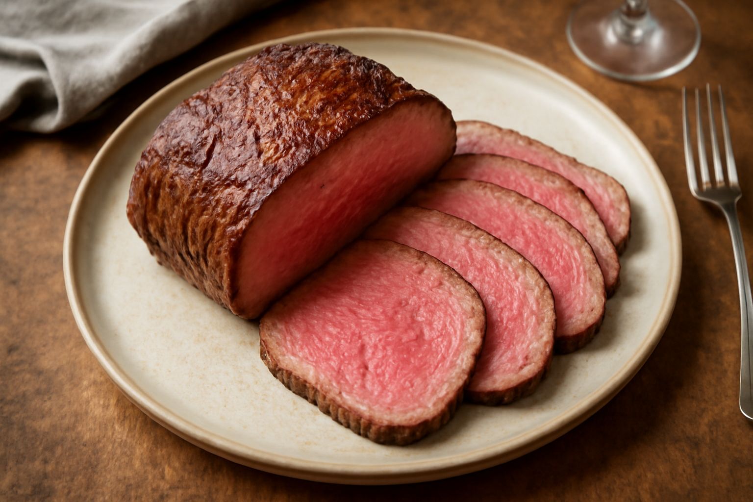 Roast beef affettato su un piatto bianco con crosta esterna marrone scuro, interno rosato uniforme, circondato da succo della cottura e contorno di verdure grigliate