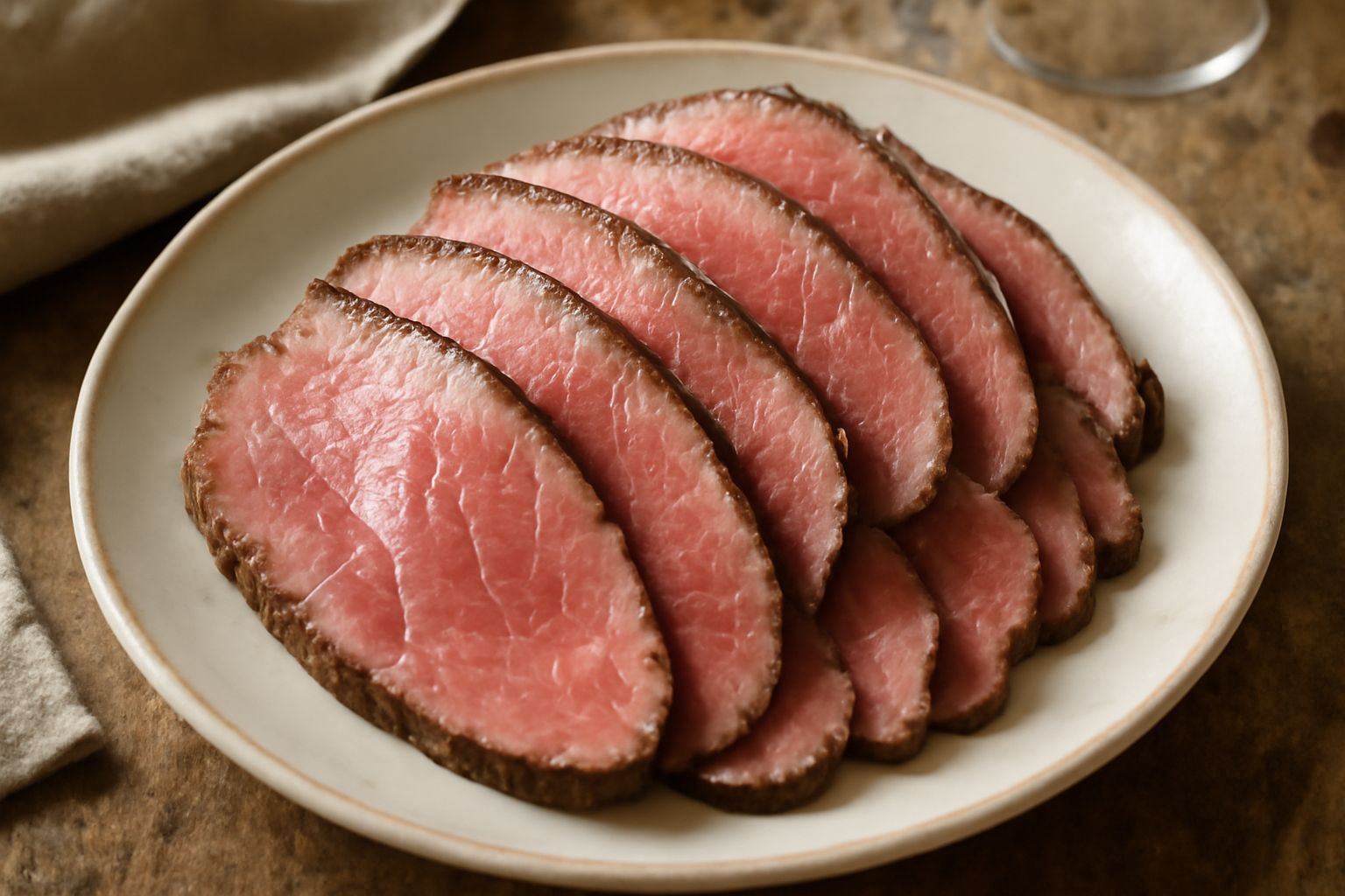 Roast beef freddo affettato in fette rosa e rosate, disposte a ventaglio su piatto bianco con rucola verde, limone tagliato e sale marino in primo piano