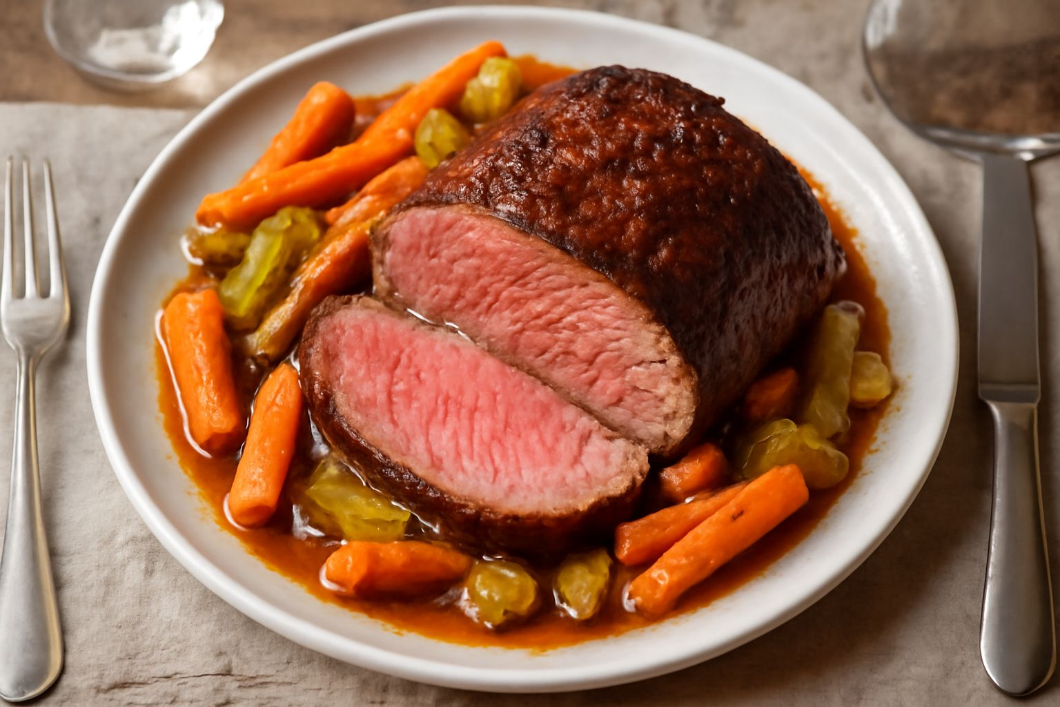 Fetta di roastbeef rosa al centro su un piatto bianco, circondata da verdure caramellate dorate, carote e sedano cotti, con salsa marrone scura raccolta sul fondo