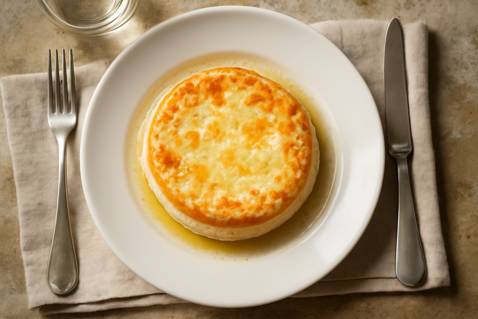 Robiola fresca bianca in piccolo piatto di ceramica, servita con crostini tostati, fettine di pera, noci spezzettate e un filo di miele dorato che scende sulla superfice del formaggio