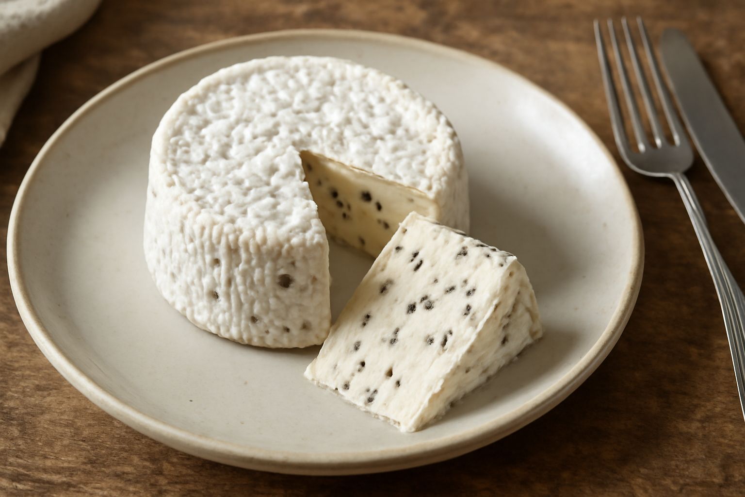 Una robiola intera di forma cilindrica, con crosta biancastra e delicata, tagliata a metà per mostrare l'interno cremoso color panna con frammenti di tartufo visibili, posata su carta alimentare bianc