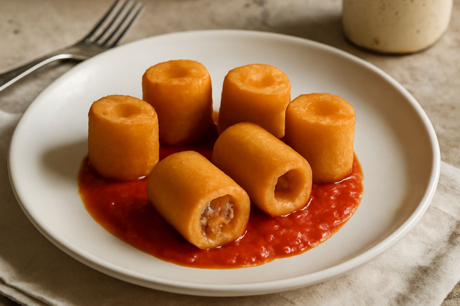 Rocchetti di pasta dorati e croccanti, disposti su un piatto bianco con un contorno di insalata verde fresca e una ciotola di salsa rossa accanto
