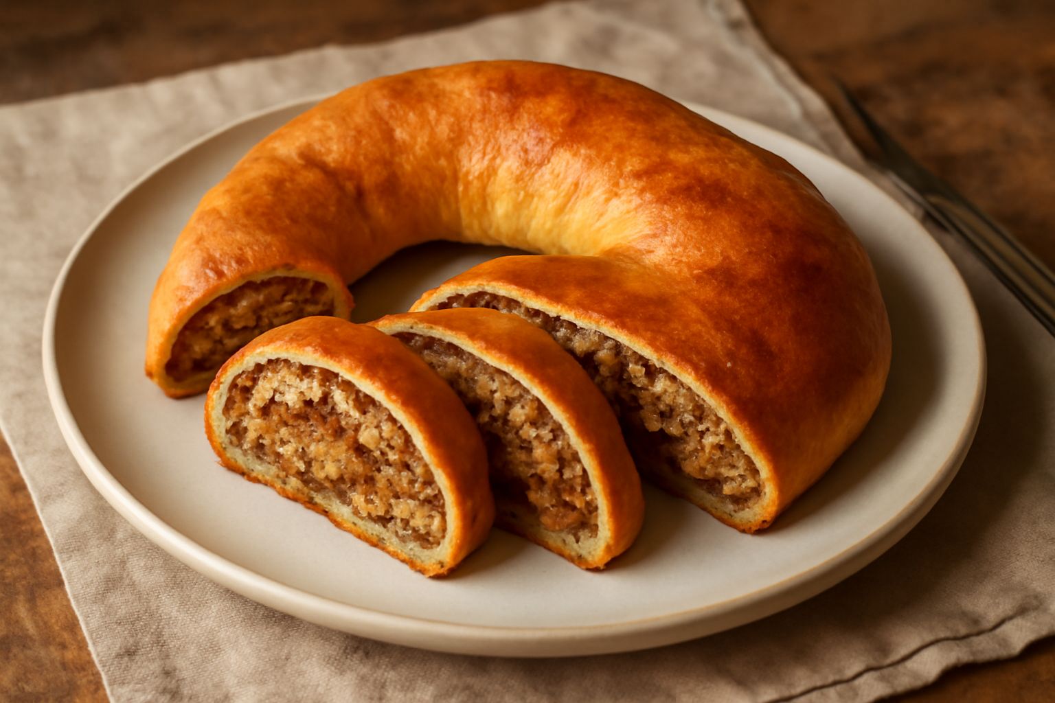 Rocciata affettata su piatto bianco, mostrando la sfoglia dorata e il ripieno di noci tritate, miele ambrato e spezie, con fette ben definite e superficie croccante.