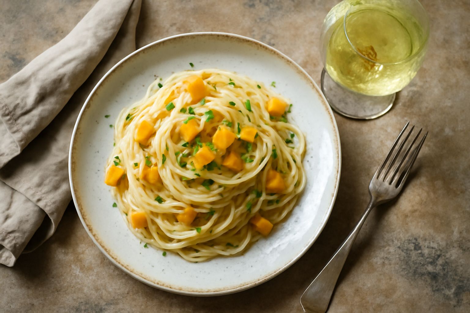 Bicchiere di vino bianco Roero Arneis servito fresco con riflessi dorati, accanto a grappoli di uva Arneis verde chiaro e piatto di pesce delicato