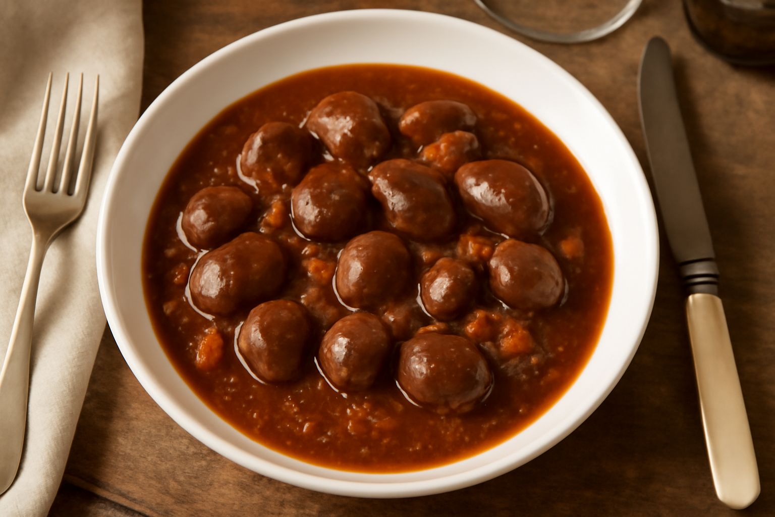 Piatto con rognoncini scuri e morbidi in umido di pomodoro e vino rosso, guarniti con prezzemolo fresco, in una ciotola bianca con salsa densa intorno