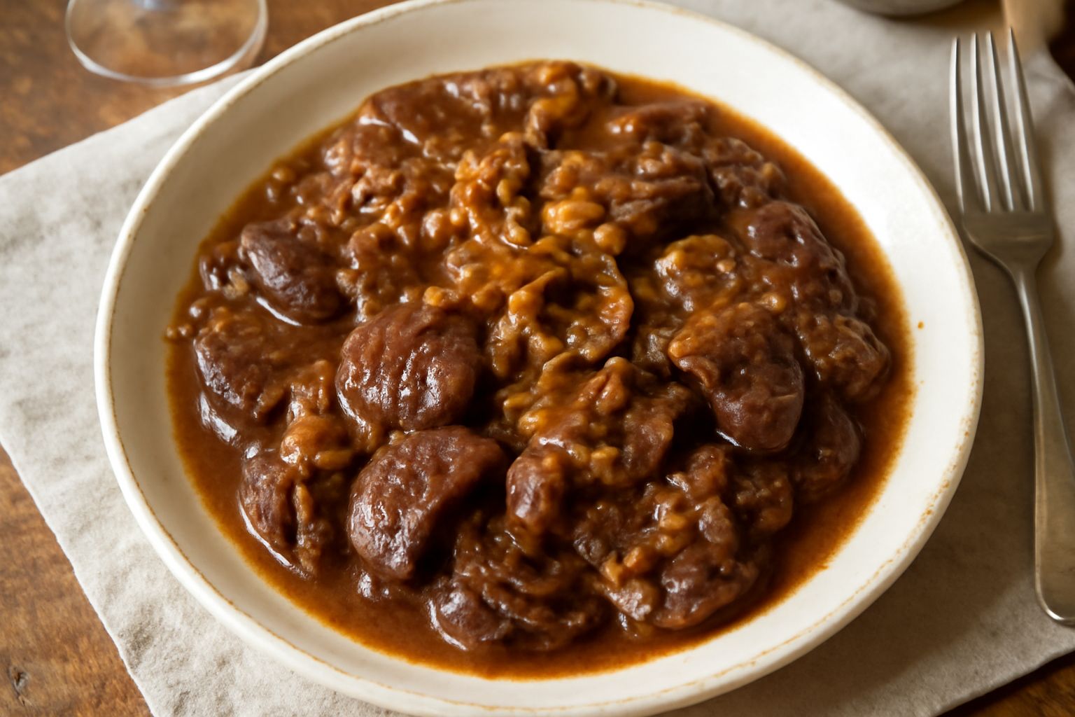 Rognone affettato e stufato con cipolle dorate e morbide in un piatto bianco, con sugo bruno e pepe nero macinato in superficie, contorno di riso bianco