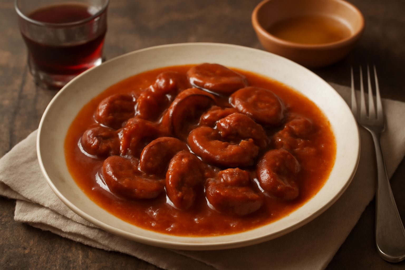 Rognone in umido servito in un piatto di ceramica bianca, pezzi di rene di vitello rosso brunastro in salsa densa con pomodori e cipolla, garnito con prezzemolo fresco