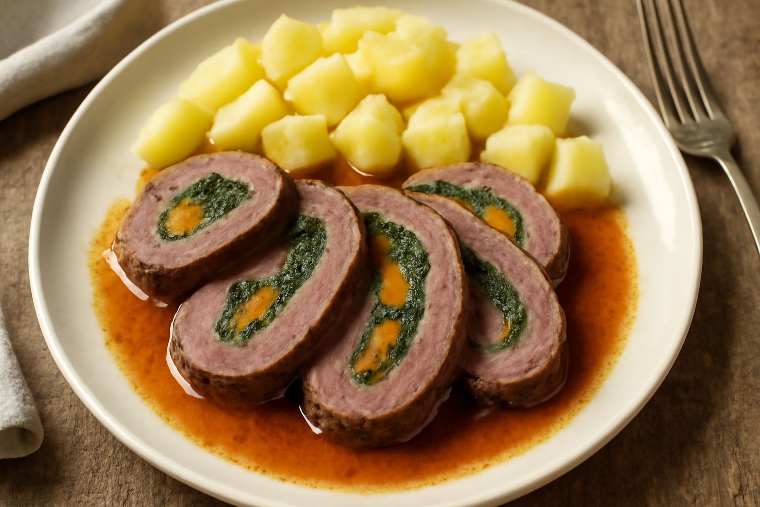 Rollata di manzo affettata su piatto bianco, ripieno visibile di verdure e erbette verdi, salsa di cottura intorno, contorno di patate bollite a lato