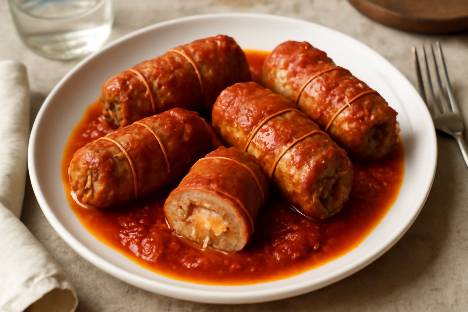 Quattro rollatini di carne legati con spago di cotone, posti in una padella di acciaio con sugo di pomodoro rosso vivo, contorno di verdure sfocate e cucchiaio di legno accanto