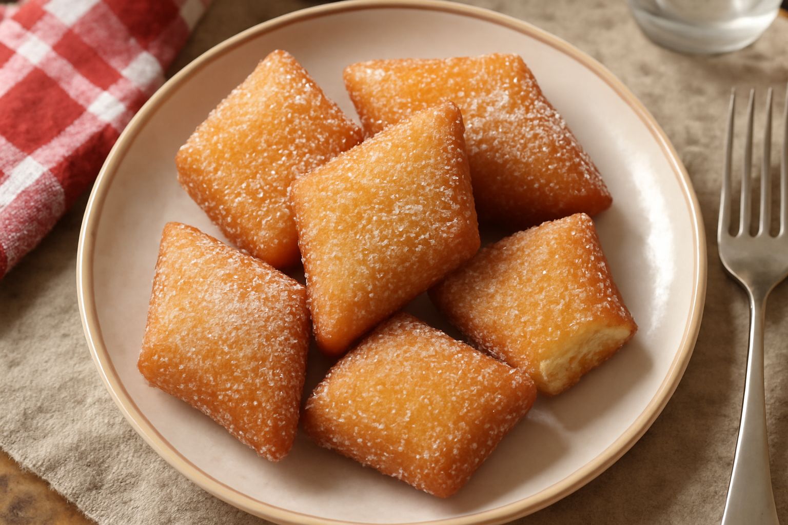 Rombi fritti color oro dorato disposti su un piatto bianco, ricoperti generosamente di zucchero semolato bianco, con uno sfondo neutro che mette in evidenza la forma geometrica e la doratura della sup
