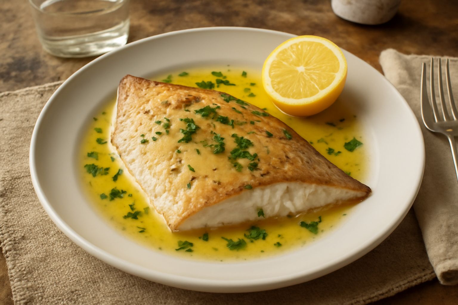 Rombo intero dorato cotto al forno, ricoperto di burro fuso e salsa al limone, guarnito con prezzemolo fresco e fettine di limone su un piatto bianco