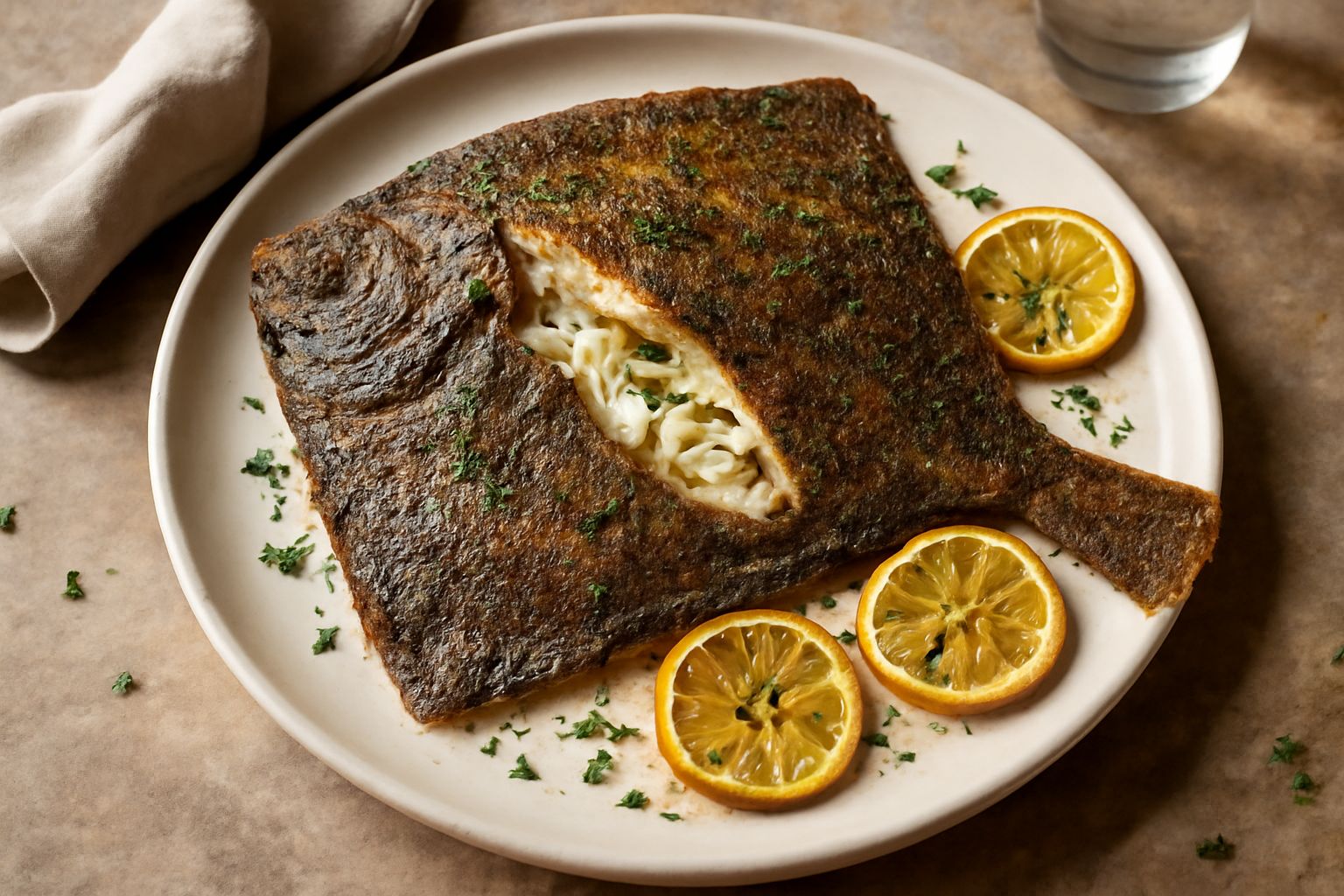 Rombo intero dorato al forno su un piatto bianco, circondat da fettine di limone fresco, prezzemolo verde e un filo d'olio d'oliva lucido