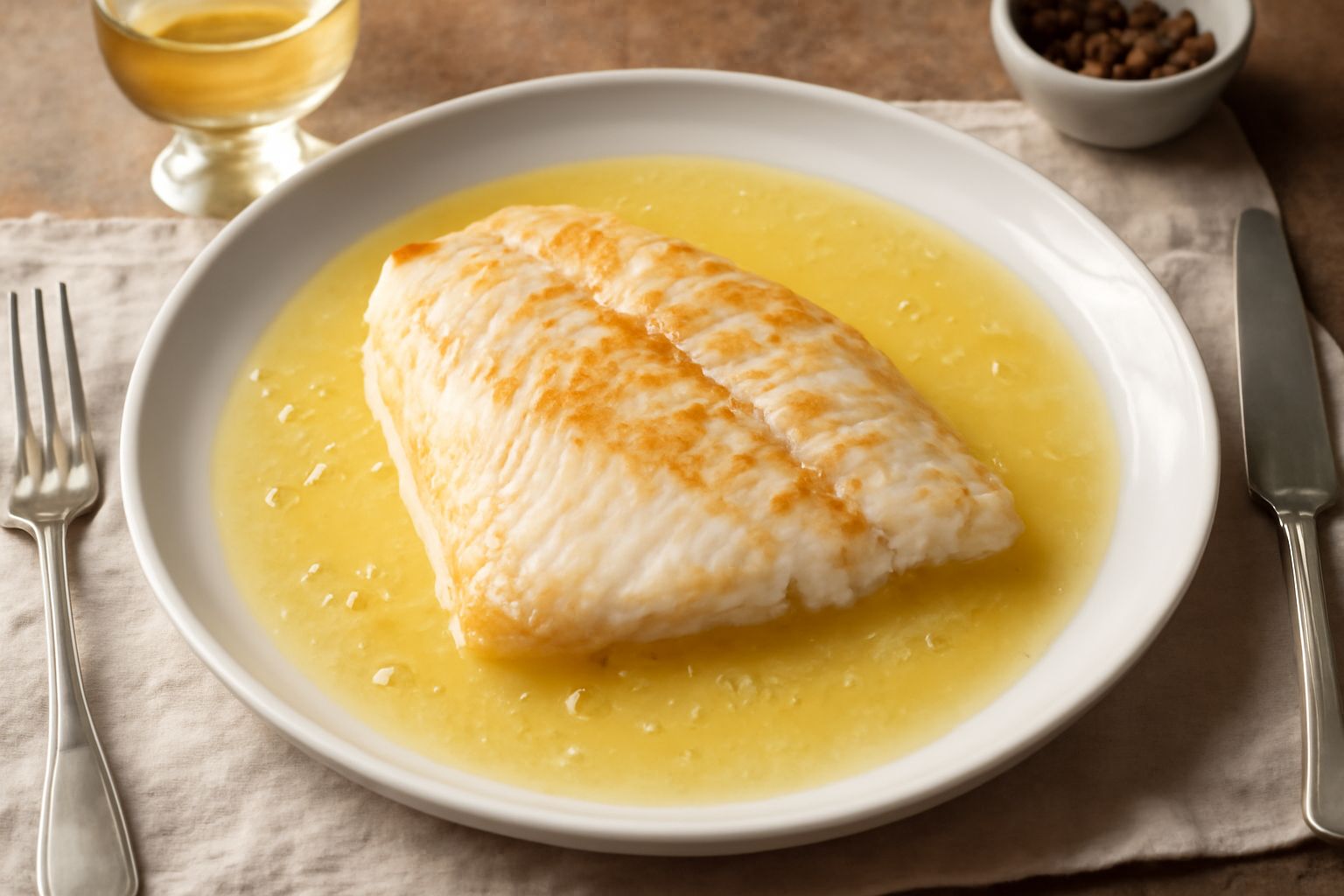 Filetto di rombo bianco e dorato in salsa di vino bianco con burro, guarnito con prezzemolo fresco e fetta di limone, servito su piatto bianco con contorno di verdure grigliate