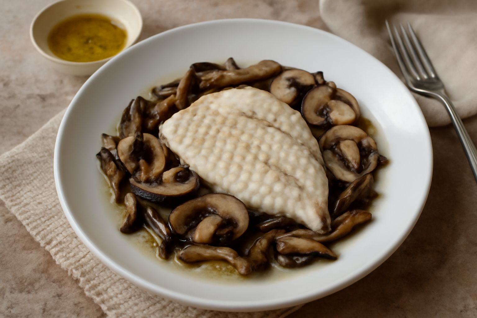 Rombo intero o a filetti in bianco in una teglia di ceramica, circondato da melanzane viola tagliate, funghi bianchi e soffritto, salsa trasparente con gocce di olio, prezzemolo fresco verde sopra, co