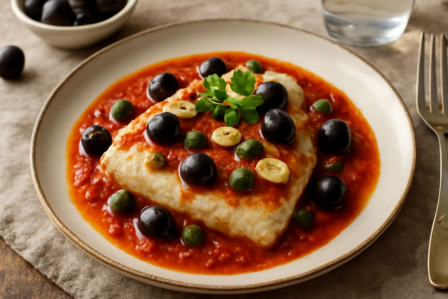 Filetto di rombo bianco in un piatto bianco, coperto da salsa di pomodori rossi, olive nere e capperi verdi, con contorno di aglio affettato e prezzemolo fresco