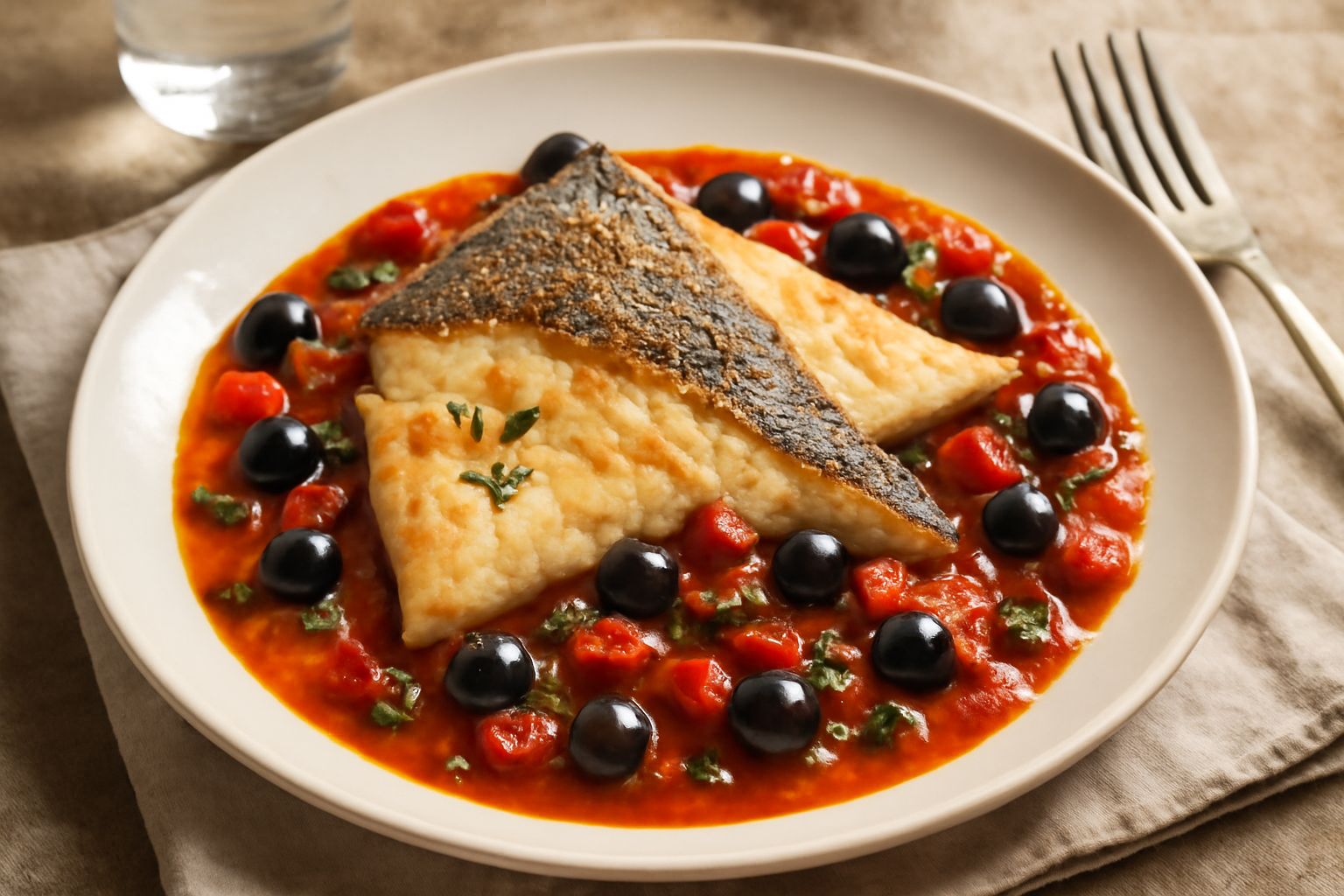 Rombo intero dorato al forno in una pirofila bianca, coperto parzialmente di pomodori rossi, olive nere e capperi, con una spruzzata di prezzemolo fresco e limone affettato ai lati