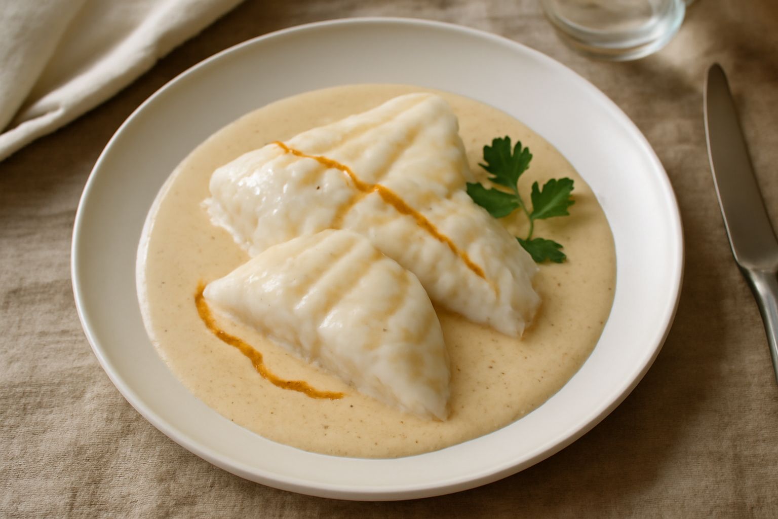 Filetti di rombo bianco e lisci ricoperti da salsa cremosa beige con salsa ridotta intorno nel piatto, guarniti con prezzemolo fresco verde e una fetta di limone giallo