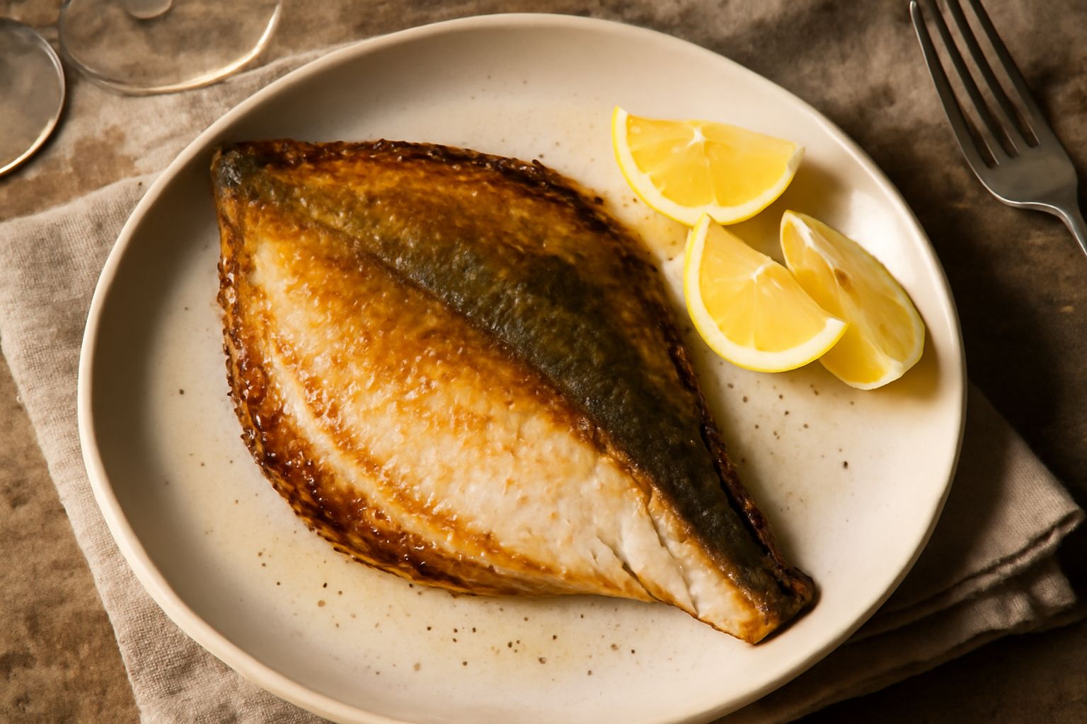 Filetto di rombo dorato e leggermente croccante in superficie, cotto alla piastra, servito in piatto bianco con spicchi di limone, erba cipollina fresca e gocce di olio d'oliva, contorno di verdure gr