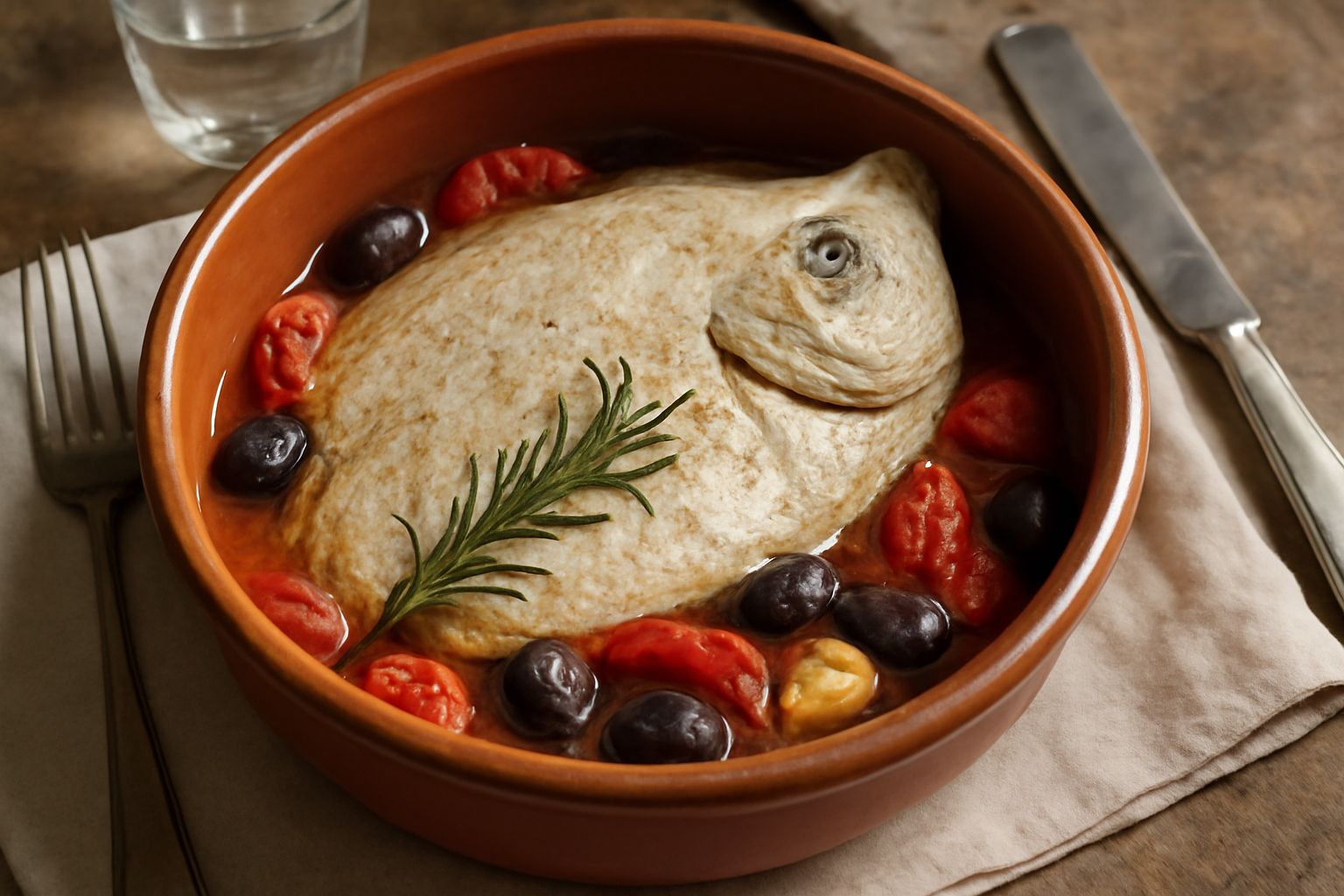 Rombo intero cotto in tegame di coccio rosso-marrone, circondato da pomodori, olive nere e rami di rosmarino, con brodo ambrato che ricopre il fondo del piatto