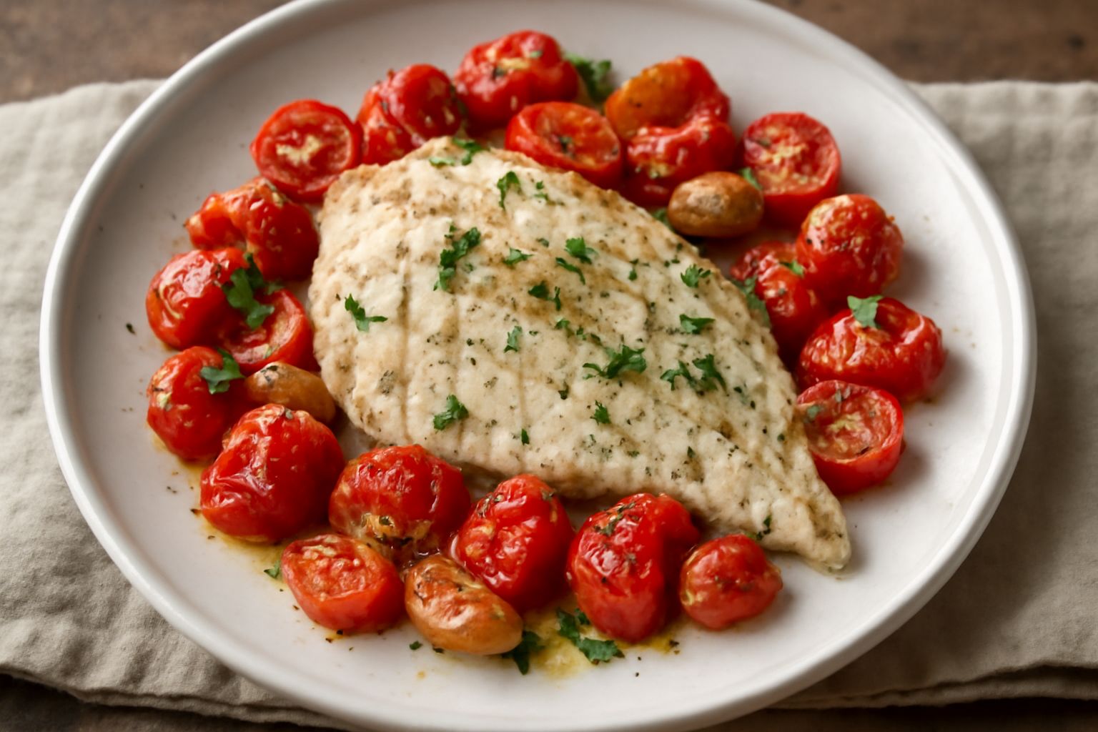 Un filetto di rombo dorato al forno, adagiato su pomodori rossi spezzettati e aglio affettato, spolverato di prezzemolo verde fresco, in un piatto bianco