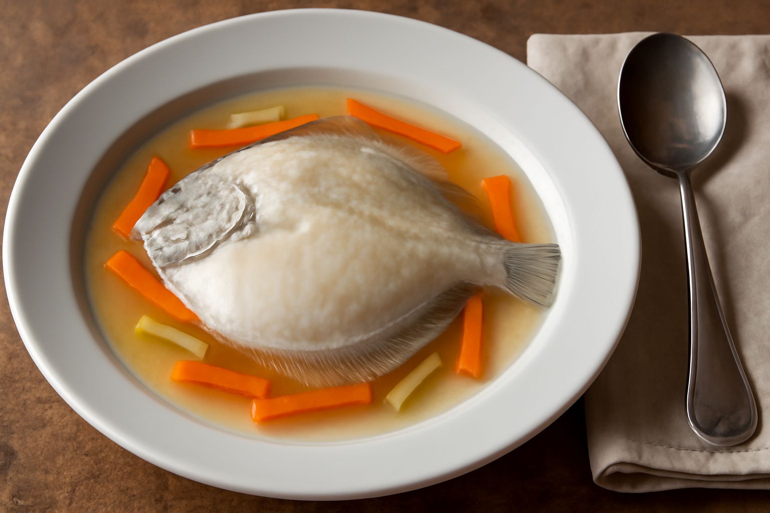 Filetto di rombo bianco e traslucido, appena bollito, adagiato in piatto fondo di porcellana con brodo chiaro, carota e sedano affettati sottilmente, erba cipollina fresca sopra, contorno di limone