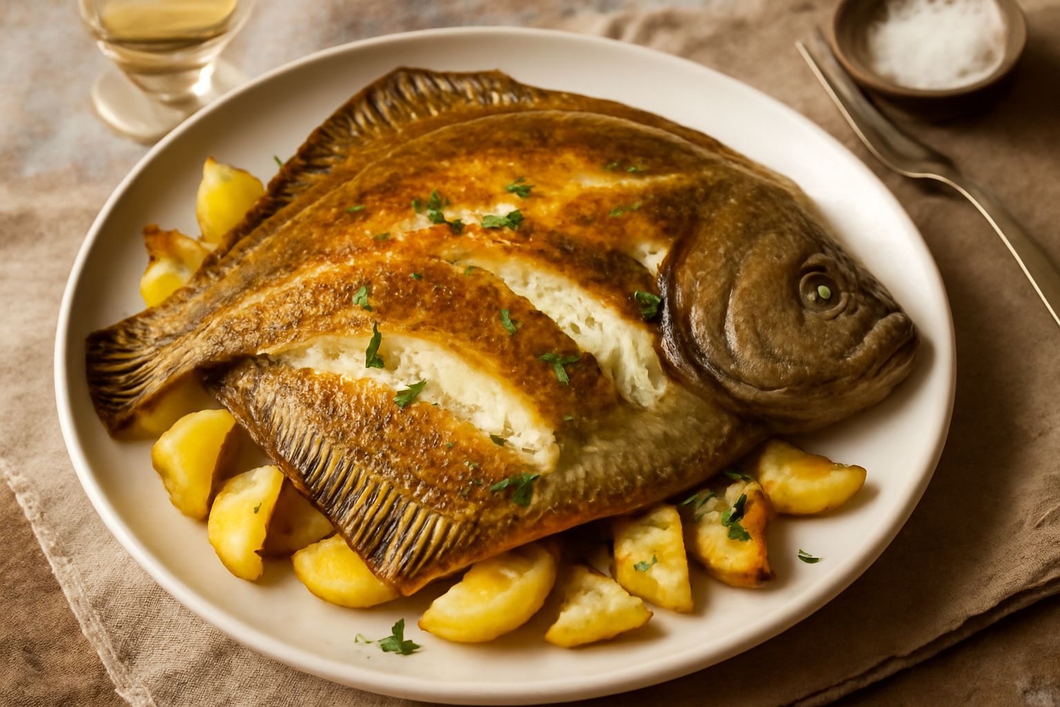 Rombo chiodato intero al forno, dorato e profumato, adagiato su carta da forno con fette di limone, qualche rametto di prezzemolo e gocce di olio extravergine nel piatto bianco