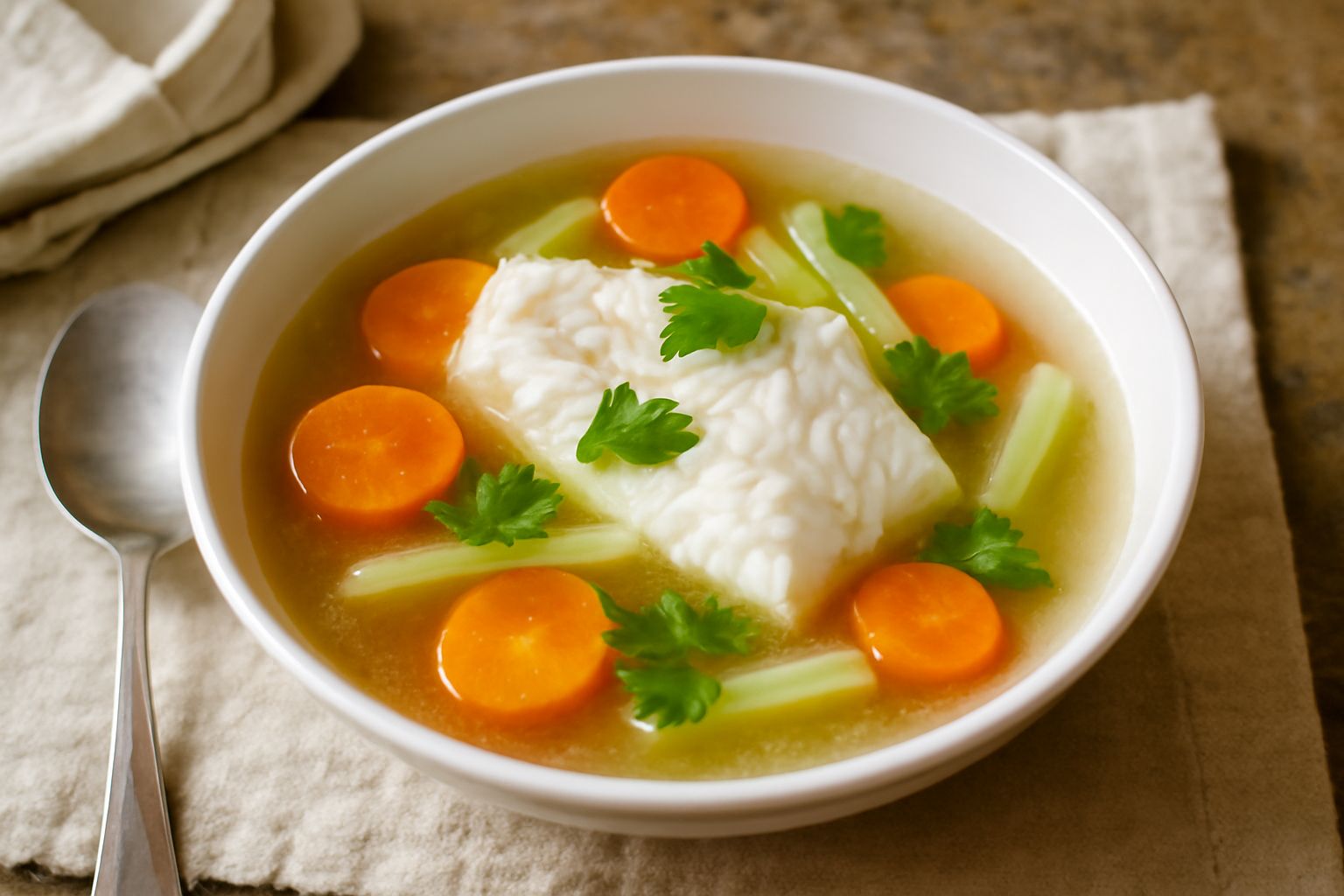 Piatto bianco con rombo cotto servito in brodo trasparente, accompagnato da carota, sedano e prezzemolo fresco, vapore appena visibile