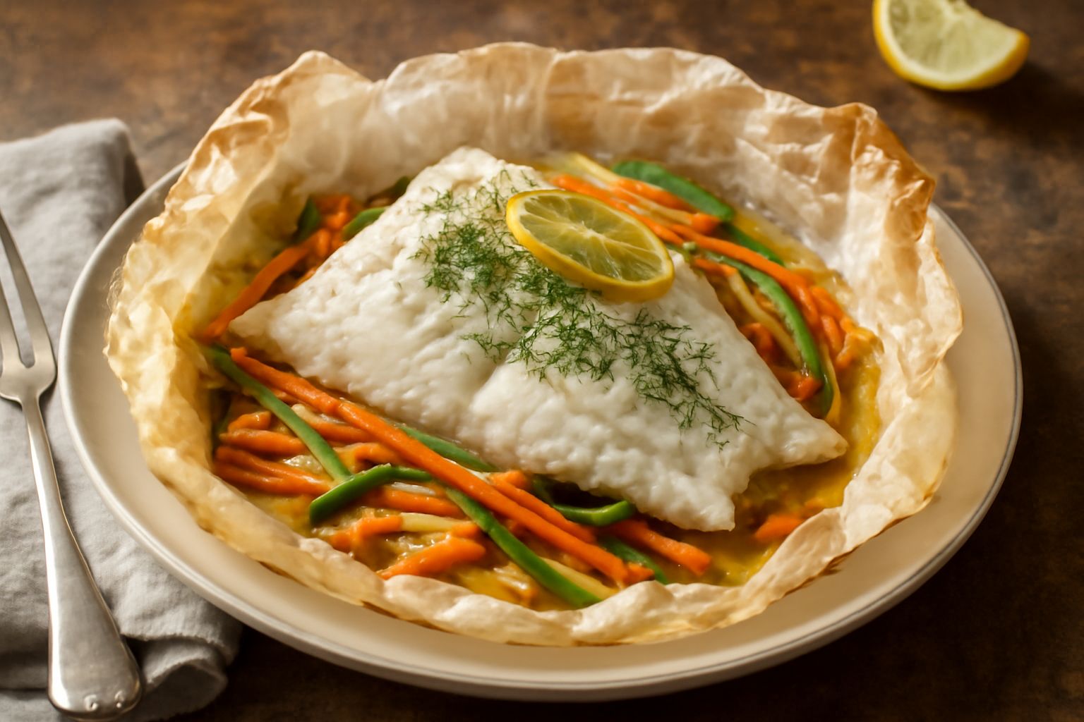 Un cartoccio di carta da forno bianca appena aperto con rombo bianco cotto, fettine di limone, basilico verde e vapore che sale dal piatto