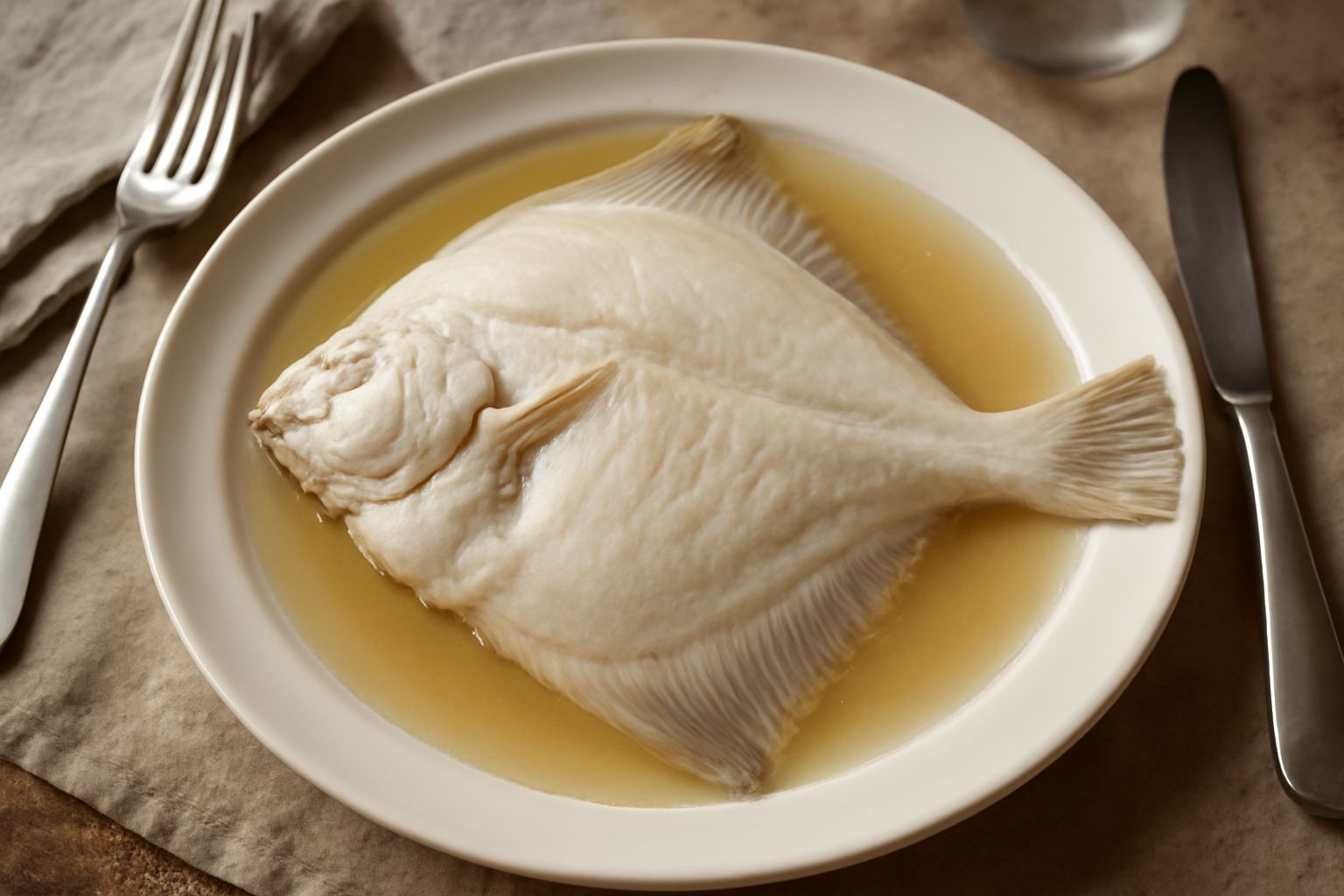Filetto di rombo lesso bianco avorio in un piatto bianco, ricoperto di brodo caldo trasparente, accompagnato da fette di limone giallo e prezzemolo verde fresco