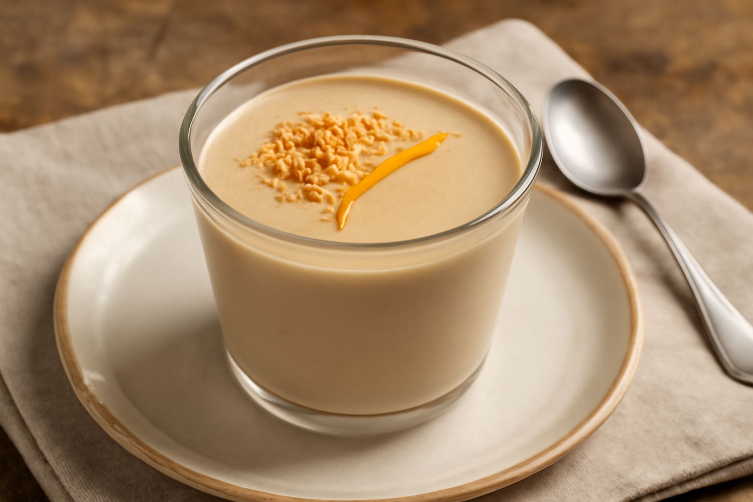 Rosada in coppetta di vetro, cremosa e color beige, decorata con biscotto secco sbriciolato, cucchiaio da dessert sul piatto bianco