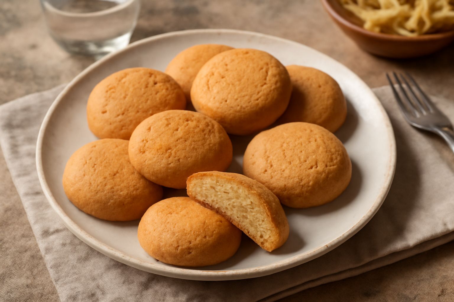 Roscetti dorati e croccanti disposti su un piatto bianco, con superficie friabile e leggermente butterata, nuvola di zucchero a velo che scende