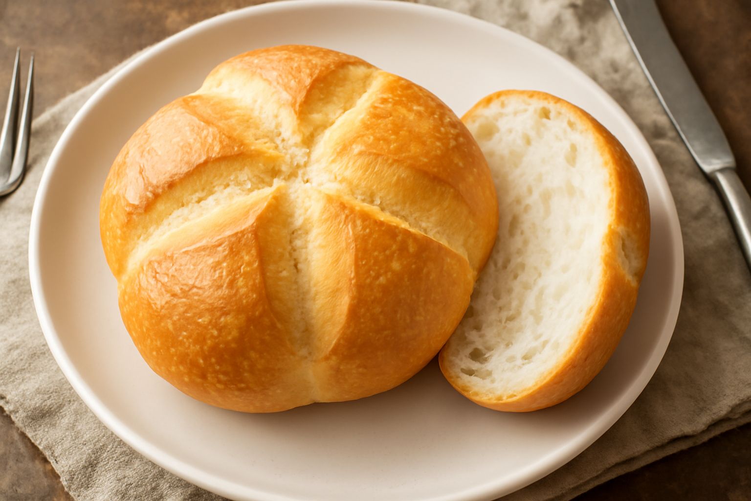 Tre rosette dorate e croccanti appena sfornate, disposte su una tavola di legno, con la caratteristica forma a rosa ben definita, crosta lucida e screpolature dorate, farina bianca sparsa intorno