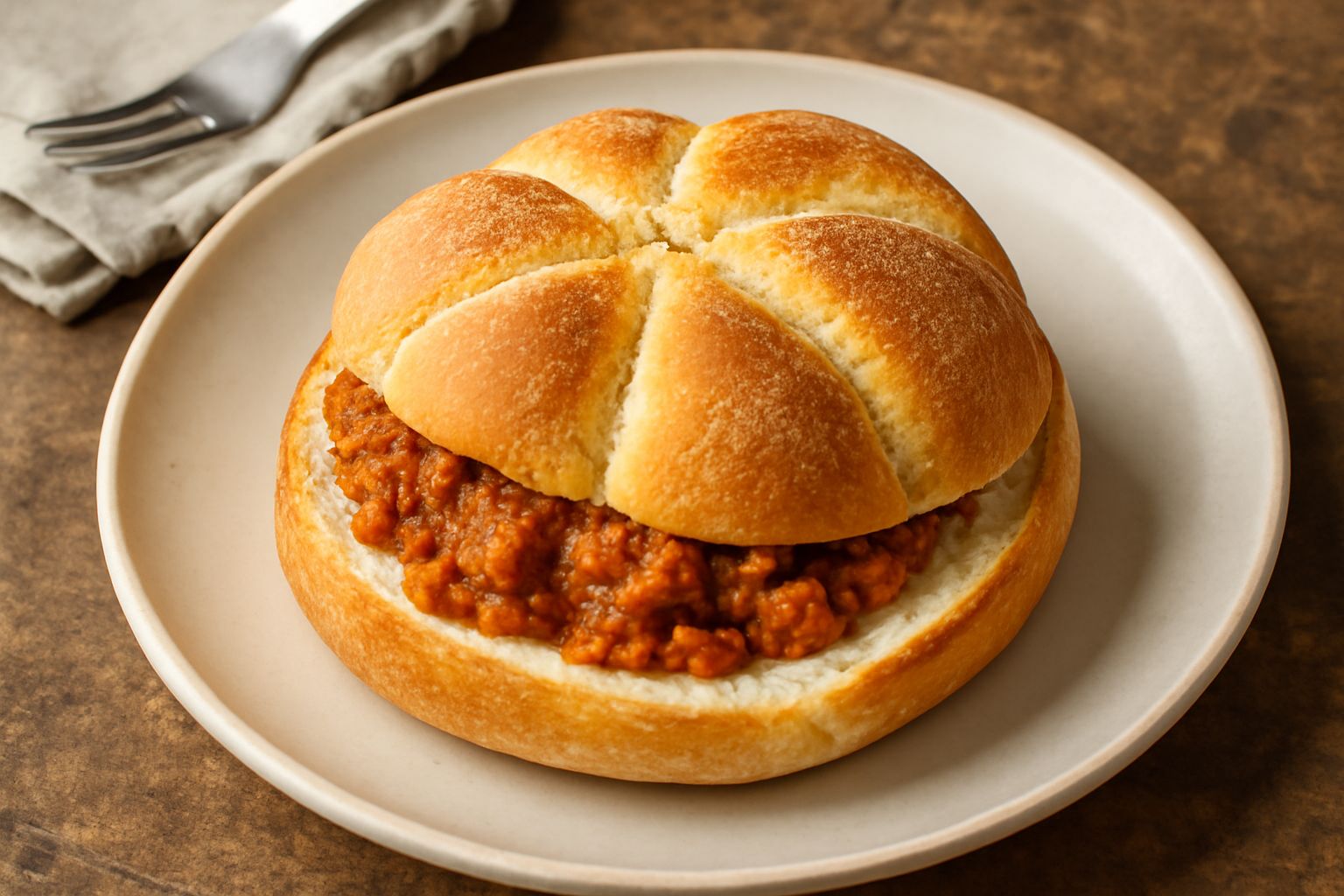 Una rosetta bolognese dorata e croccante, con la caratteristica forma a rosetta a sei punte, tagliata a metà per mostrare l'interno morbido e alveolato, su una superficie bianca