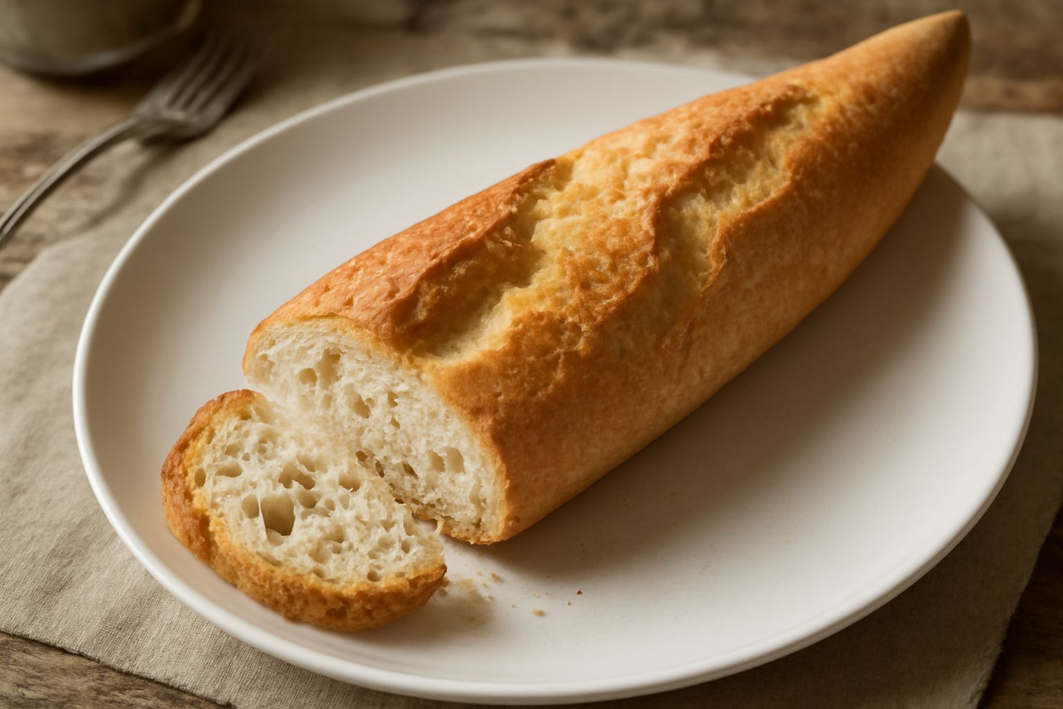 Una rosetta bresciana intera con crosta dorata e fratture naturali su fondo di legno scuro. Il pane è appoggiato su carta bianca, i lati mostrano la mollica compatta ma alveolata, il profilo è affusol