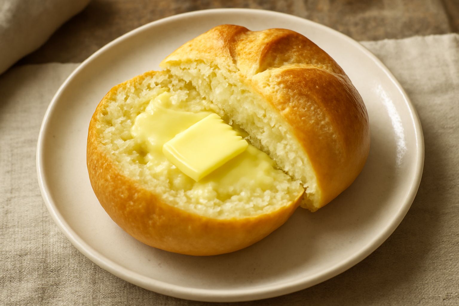 Rosetta appena sfornata, dorata e croccante, tagliata a metà con burro giallo che si scioglie sul pane caldo ancora fumante, servita su un piatto bianco con tovaglia di lino