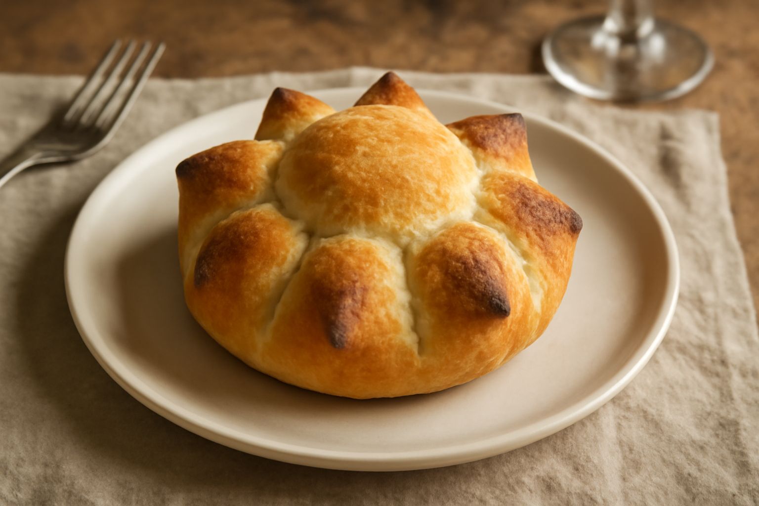 Rosetta di pane a forma di fiore con otto punte dorate e croccanti, posta su un piatto bianco, con briciole di pane e sfondo di tela naturale