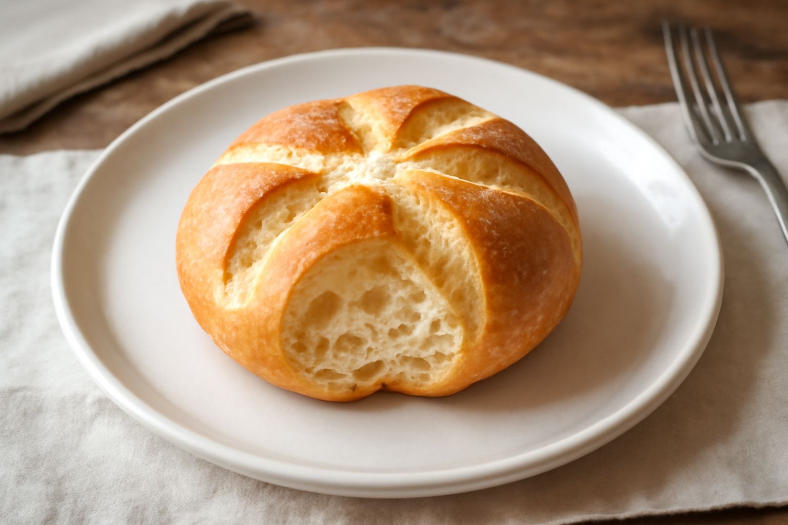 Tre rosette friabili dorate con crosta croccante e sfogliata, sedute su un tovagliolo bianco, si vede l'interno bianchissimo e pieno di bolle d'aria