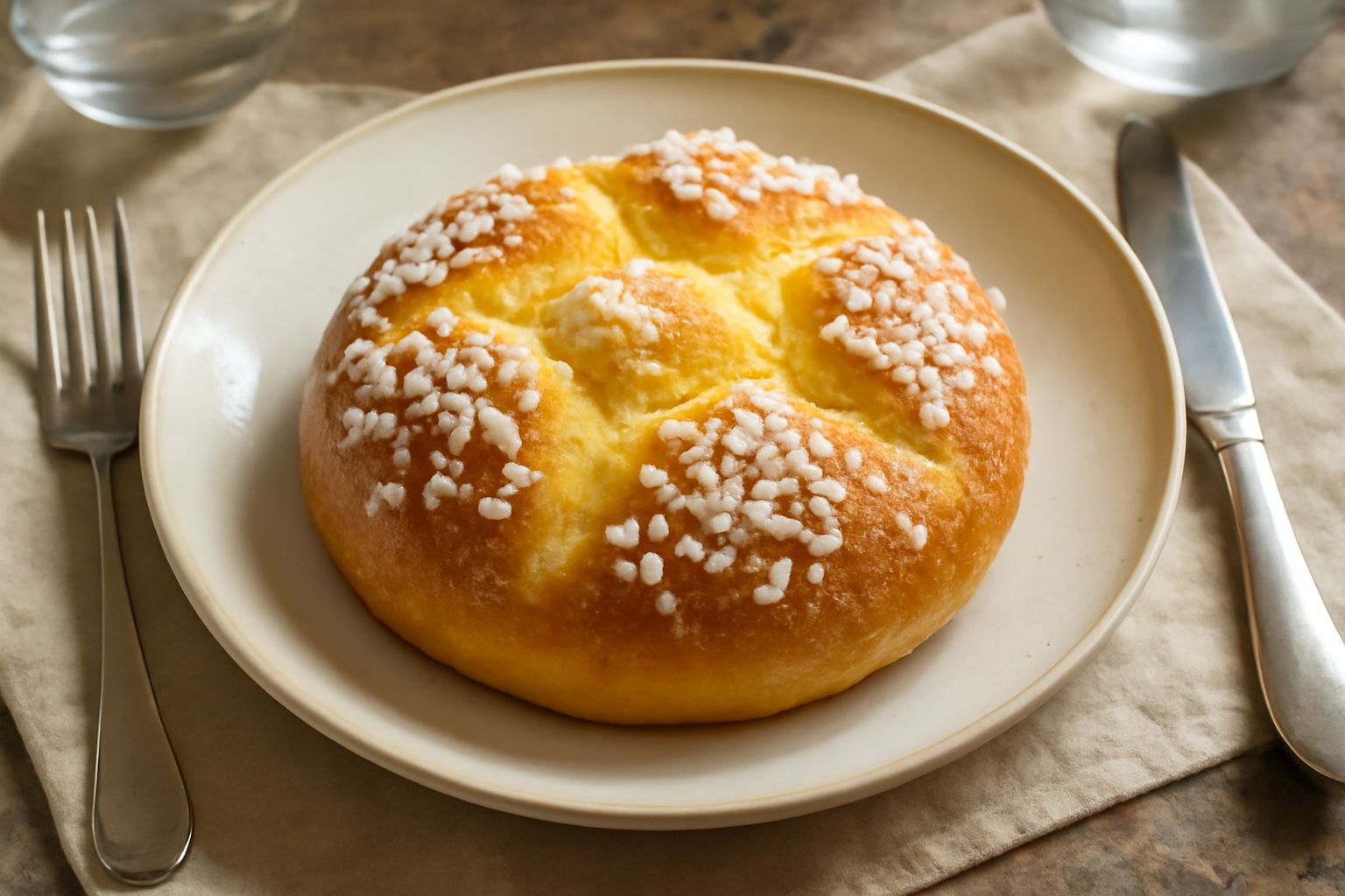 Rosette mantovane dorate con crosta croccante, disposte su un piatto bianco, spezzate per mostrare l'interno soffice e giallognolo, con granelli di zucchero lucido in superficie