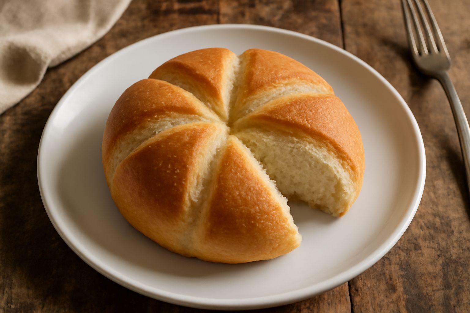 Rosetta marchigiana dorata con otto spicchi ben marcati, posta su un piatto bianco, con la crosta croccante visibile e una leggera spruzzatura di farina