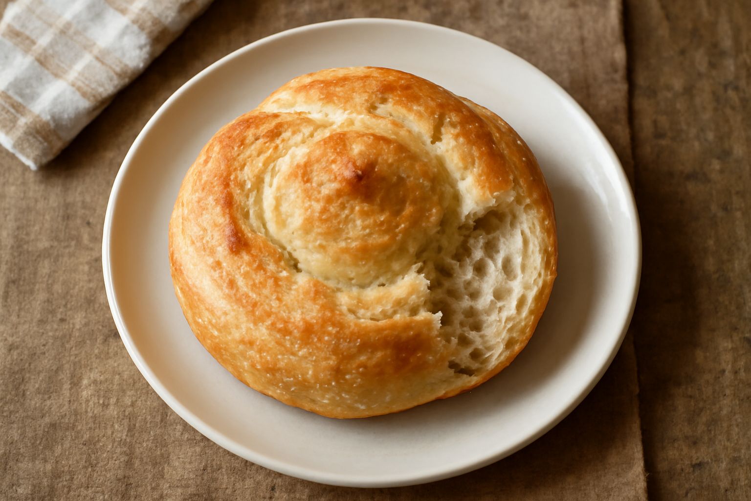 Una rosetta piacentina appena sfornata, tonda e leggermente schiacciata, con superficie dorata e sfogliature visibili, posata su un piatto bianco di lino naturale