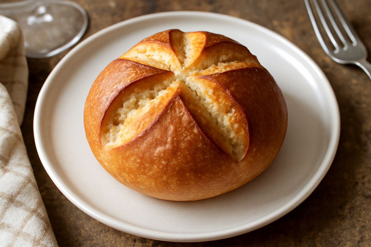 Rosetta piemontese rotonda con forma a stella, crosta dorata e croccante, affettata per mostrare l'interno bianco e alveolato, su tavolo di legno scuro