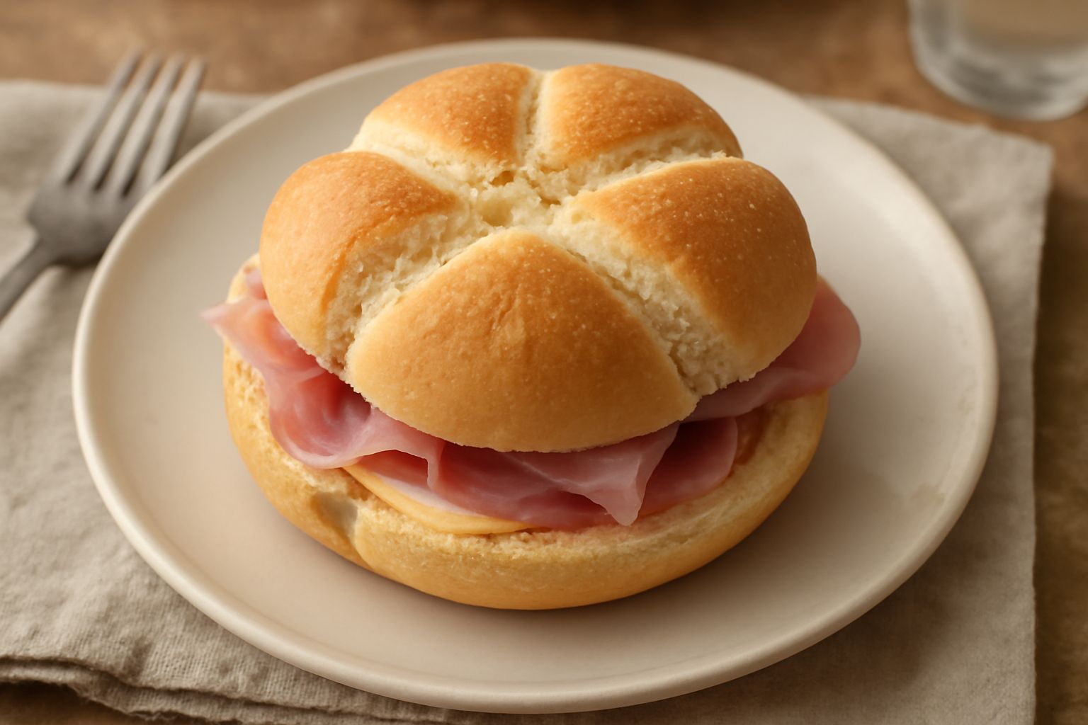 Tre rosette reggiane dorate su una tavola di legno, crosta croccante e screpolata, interno visibile con alveoli irregolari, sfondo sfocato con spighe di grano