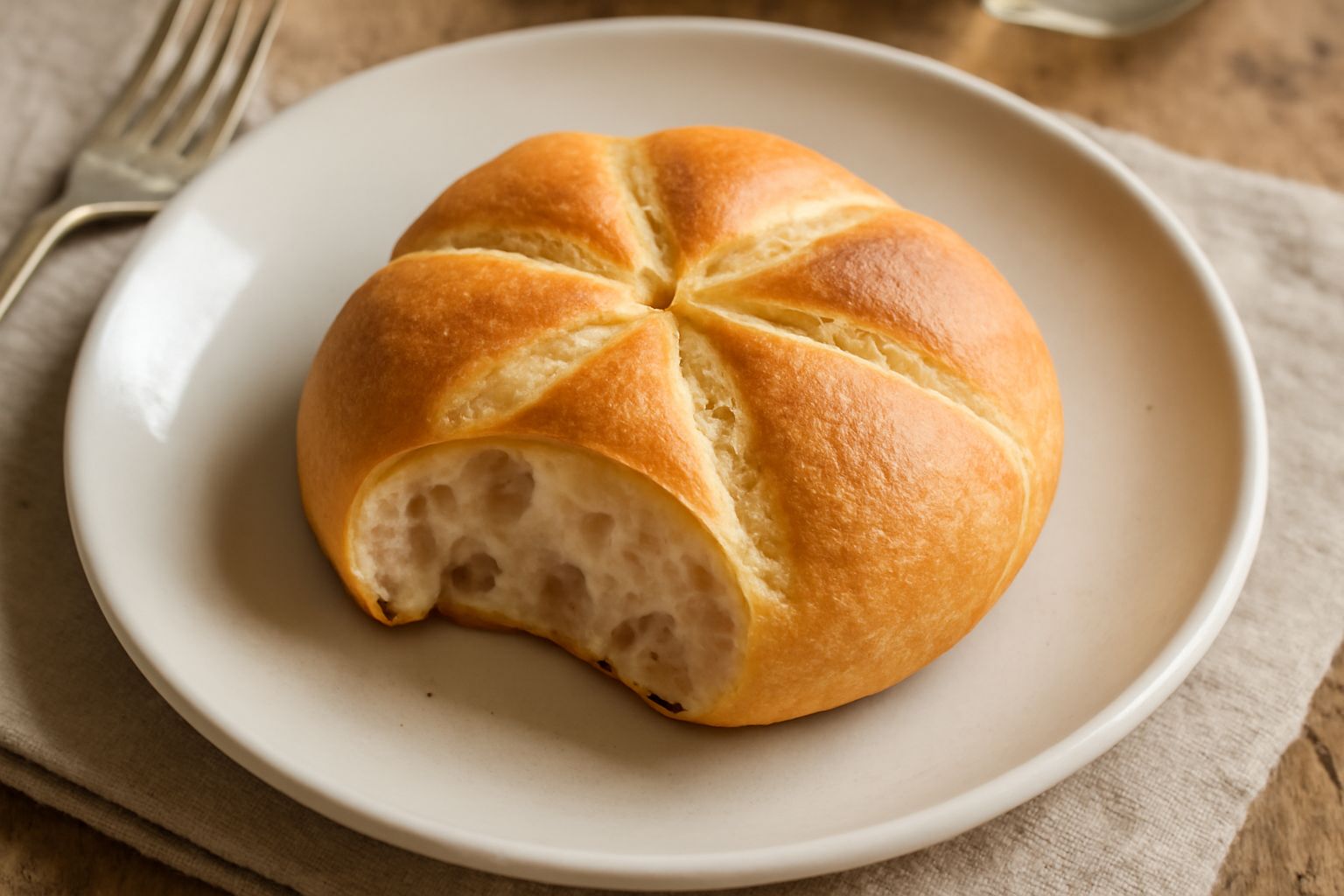 Tre rosette tipo Brescia dorate e croccanti con costole marcate, poggiate su una superficie di legno, con mollica visibile all'interno di una metà aperta