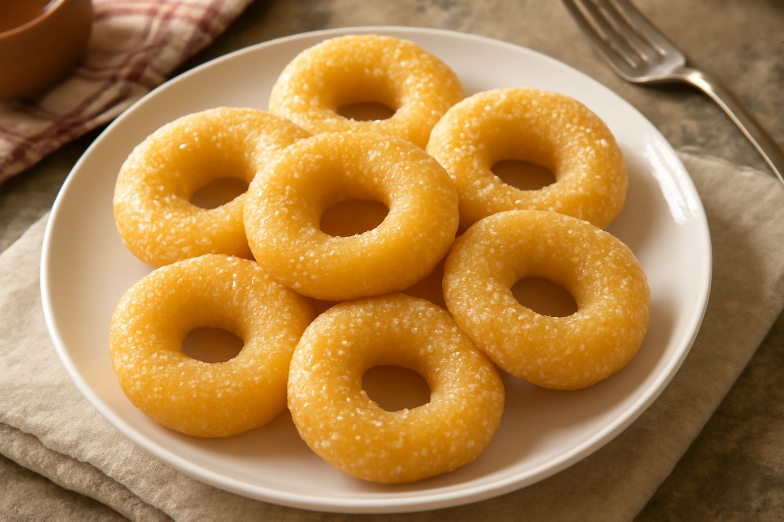 Rosette di Cremona dorate e croccanti disposte su un piatto bianco, ciambelle friabili di medie dimensioni con zucchero cristallizzato visibile sulla superficie