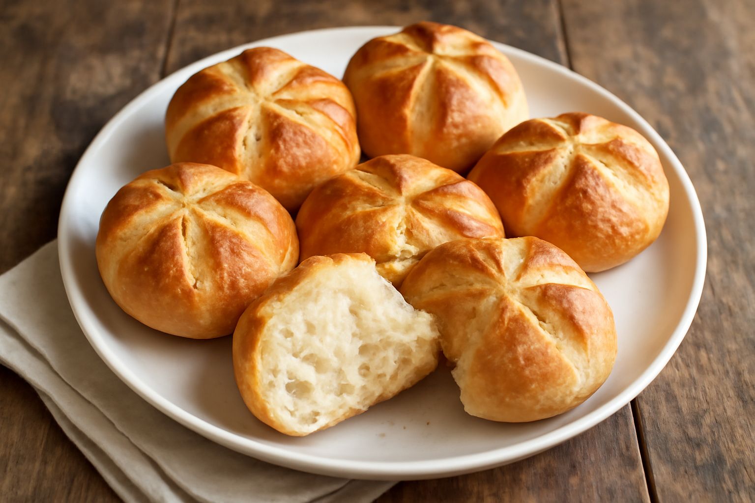Sei rosette di pane dorate su un piatto bianco, con crosta croccante visibile, morbide e soffici dentro, ancora fumanti, ripiegate in cesto di lino bianco