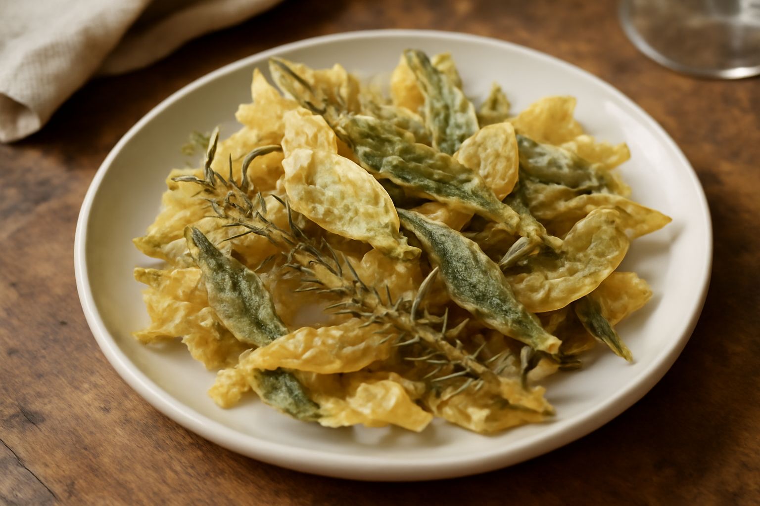 Rametti di rosmarino e foglie di salvia fritte, dorate e croccanti, appoggiate su carta assorbente bianca, con granelli di sale grosso sparsi in superficie e sfondo neutro
