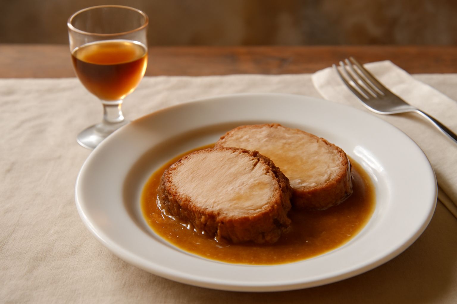 Bicchiere di rosoli marchigiano trasparente di colore ambrato, con riflessi dorati alla luce, guarnito con rametto di salvia fresca, su tavolo di legno con erbe aromatiche secche sparse intorno